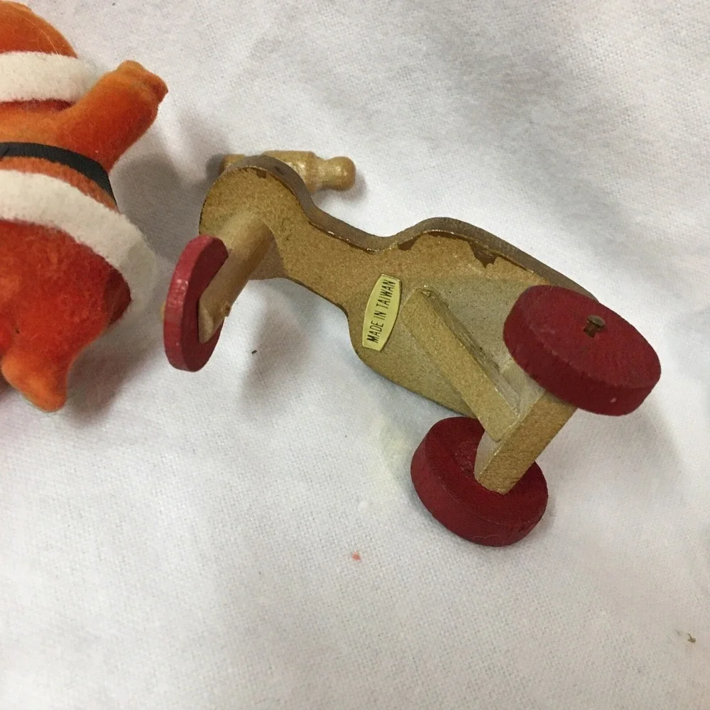 Vintage Flocked Santa Hard Plastic and Wooden Scooter Christmas Ornaments RETRO
